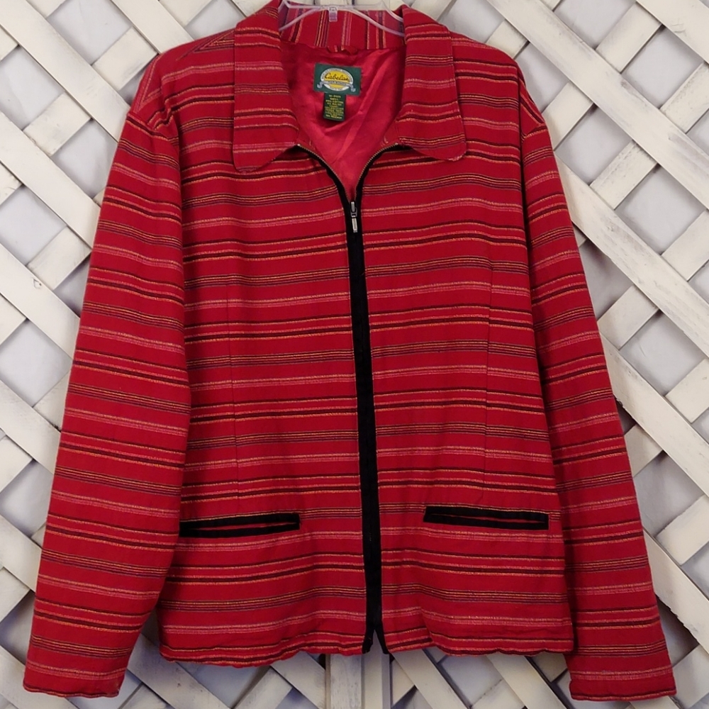 Cabela's Red Striped Cotton Zip Front Jacket Sz XL
